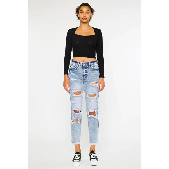 NWT Kancan Collie Super High Rise Distressed Frayed Hem Mom Jeans Size 7/27 - Picture 2 of 16
